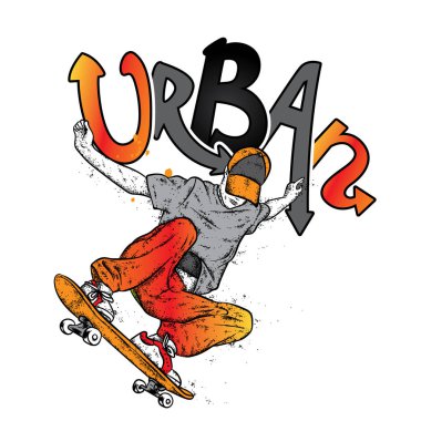 Kot pantolon ve spor ayakkabı giyen şık bir patenci. Kaykay mı? Bir kartpostal ya da poster için vektör çizimi, giysiler için baskı. Sokak kültürleri.