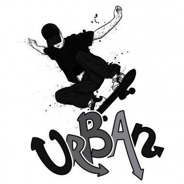 Kot pantolon ve spor ayakkabı giyen şık bir patenci. Kaykay mı? Bir kartpostal ya da poster için vektör çizimi, giysiler için baskı. Sokak kültürleri.