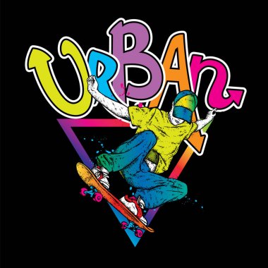 Kot pantolon ve spor ayakkabı giyen şık bir patenci. Kaykay mı? Bir kartpostal ya da poster için vektör çizimi, giysiler için baskı. Sokak kültürleri.