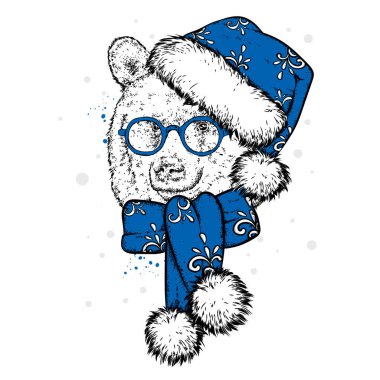 Güzel bir ayı bir yeni yıl şapka ve atkı. Vektör çizim. Yeni yıl ve Noel.