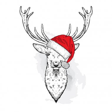 Noel Baba'nın şapkalı güzel geyik. Vektör çizim için bir kartpostal veya bir poster. Yeni yıl ve Noel. Kış tatili.