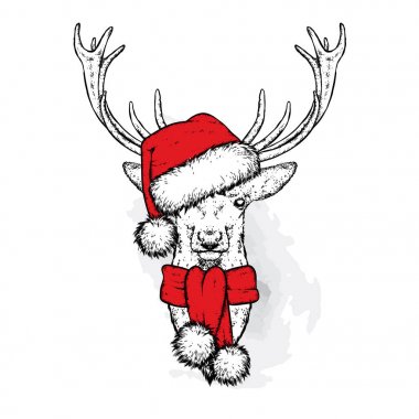Noel Baba'nın şapkalı güzel geyik. Vektör çizim için bir kartpostal veya bir poster. Yeni yıl ve Noel. Kış tatili.