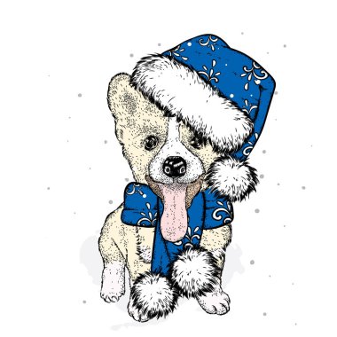 Bir yeni yıl şapka ve atkı şirin köpek yavrusu. Vektör çizim. Safkan köpek. Noel Baba. Yeni yıl ve Noel.