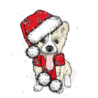 Bir yeni yıl şapka ve atkı şirin köpek yavrusu. Vektör çizim. Safkan köpek. Noel Baba. Yeni yıl ve Noel.