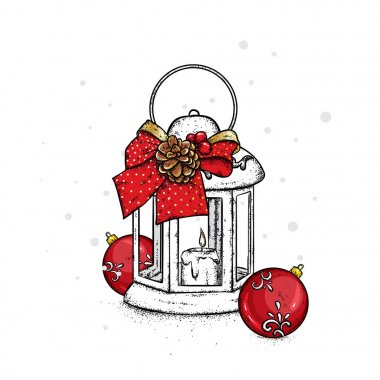 Bir mum ile güzel vintage fener. Vektör çizim. Festival kartpostal. Yeni yıl ve Noel. Fiyonk ve bir şişlik.