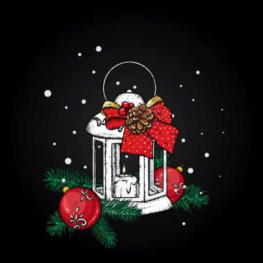 Bir mum ile güzel vintage fener. Güzel bullfinches. Vektör çizim. Festival kartpostal. Yeni yıl ve Noel. Fiyonk ve bir şişlik.