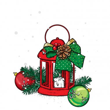 Bir mum ile güzel vintage fener. Güzel bullfinches. Vektör çizim. Festival kartpostal. Yeni yıl ve Noel. Fiyonk ve bir şişlik.