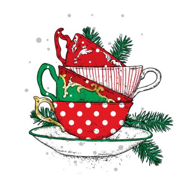 Bir yığın Noel topları ile çok renkli vintage bardak. Vektör çizim için bir kartpostal veya bir poster. Çay, kahve veya kapuçino. Yeni yıl.