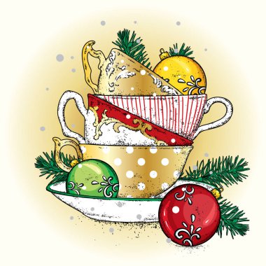 Bir yığın Noel topları ile çok renkli vintage bardak. Vektör çizim için bir kartpostal veya bir poster. Çay, kahve veya kapuçino. Yeni yıl.