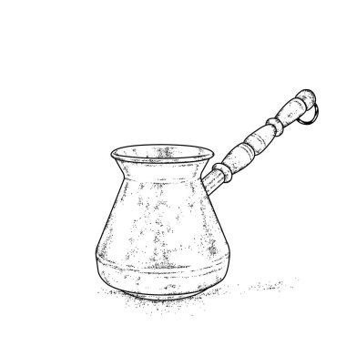 Vintage jezva kahve için. Turka kahve ile. Yemekler. Vektör çizim bir kartpostal veya poster için.