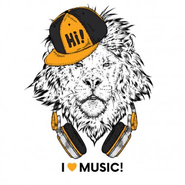 Kulaklıklar giyen güzel bir aslan. Vektör çizim bir kartpostal veya poster, giysiler için yazdırma için. Ben müziği seviyorum.