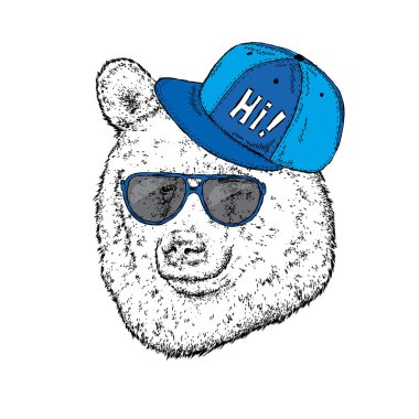 Komik ayı ile gözlük ve bir kap. Vektör çizim bir kartpostal veya poster, giysiler için yazdırma için. Hippi. Vahşi hayvan.