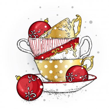 Bir yığın Noel topları ile çok renkli vintage bardak. Vektör çizim için bir kartpostal veya bir poster. Çay, kahve veya kapuçino. Yeni yıl.