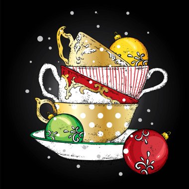 Bir yığın Noel topları ile çok renkli vintage bardak. Vektör çizim için bir kartpostal veya bir poster. Çay, kahve veya kapuçino. Yeni yıl.