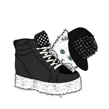 Şık bir kap dikenli de güzel kedi. Bir kedi ve bir kalın taban üzerinde bir spor ayakkabı. Vektör çizim için bir kartpostal veya bir poster. Giysi ve aksesuarları. Moda ve stil.