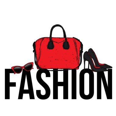 Şık şeyler yazı. Ayakkabı, çanta ve gözlük. Vektör çizim. Moda ve stil.