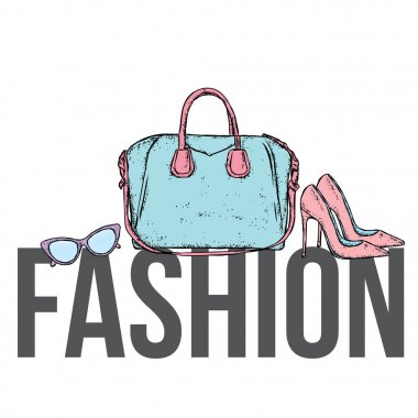 Şık şeyler yazı. Ayakkabı, çanta ve gözlük. Vektör çizim. Moda ve stil.