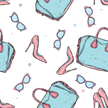 Şık şeyler güzel arka plan. Ayakkabı, çanta ve gözlük. Vektör çizim. Moda ve stil.