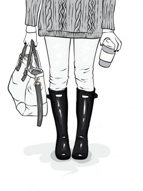 Şık lastik çizme, kot pantolon, bir çanta ve bir kazak. Kadın bacakları şık giysiler ve ayakkabı. Vektör çizim bir kartpostal veya poster, giysiler için yazdırma için. Bahar ya da sonbahar.