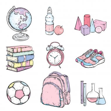 Güzel okul kümesi sağlar. Geometrik şekiller, elma, dünya, spor ayakkabıları, top, çalar saat, kitaplar ve kimyasal şişe ile su. Vektör çizim için bir kartpostal veya bir poster. Okula dönüş.