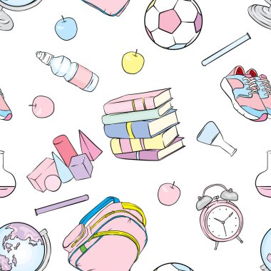 Güzel okul kümesi sağlar. Geometrik şekiller, elma, dünya, spor ayakkabıları, top, çalar saat, kitaplar ve kimyasal şişe ile su. Vektör çizim için bir kartpostal veya bir poster. Okula dönüş.