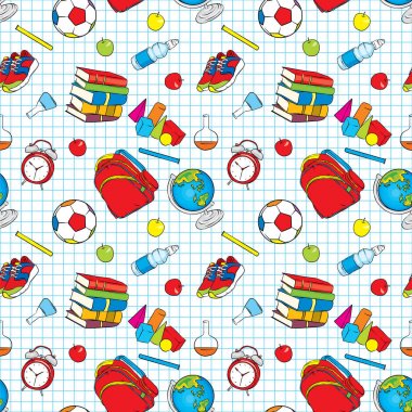 Güzel okul kümesi sağlar. Geometrik şekiller, elma, dünya, spor ayakkabıları, top, çalar saat, kitaplar ve kimyasal şişe ile su. Vektör çizim için bir kartpostal veya bir poster. Okula dönüş.