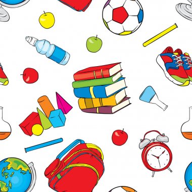 Güzel okul kümesi sağlar. Geometrik şekiller, elma, dünya, spor ayakkabıları, top, çalar saat, kitaplar ve kimyasal şişe ile su. Vektör çizim için bir kartpostal veya bir poster. Okula dönüş.