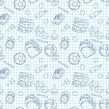 Güzel okul kümesi sağlar. Geometrik şekiller, elma, dünya, spor ayakkabıları, top, çalar saat, kitaplar ve kimyasal şişe ile su. Vektör çizim için bir kartpostal veya bir poster. Okula dönüş.