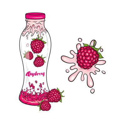 Hazır etiket tasarımını ve yoğurt bir şişe. Gerçekçi illüstrasyon. Beyaz arka plan üzerinde izole vektör çizim. Çilek ve yoğurt. Ahududu.