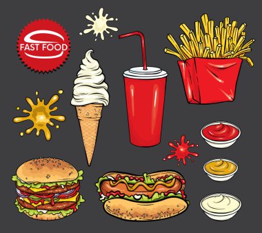 Lokanta kümesi. Gerçekçi sosisli sandviç, hamburger, dondurma, bir bardak soda ve lekeleri, ketçap, hardal ve mayonez ile. Menü tasarımı ya da kurumsal tarzı bir restoran veya kafe vektör unsurları.