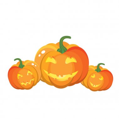 Komik Halloween pumpkins farklı duygular, gülümsüyor ve bir ay ve bir çit ile gece gökyüzünün arka yüzleri. Vektör çizim. Sonbahar tatil. Gerçekçi vektör kavramı.