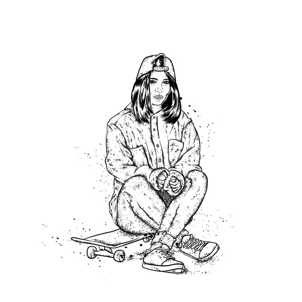Kot pantolon ve spor ayakkabı giyen şık bir patenci. Kaykay mı? Bir kartpostal ya da poster için vektör çizimi, giysiler için baskı. Sokak kültürleri.