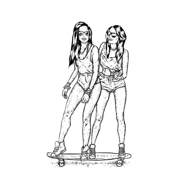 Pretty Girls Tops Shorts Stand Skateboard Vector Illustration Postcard Poster — Stock Vector