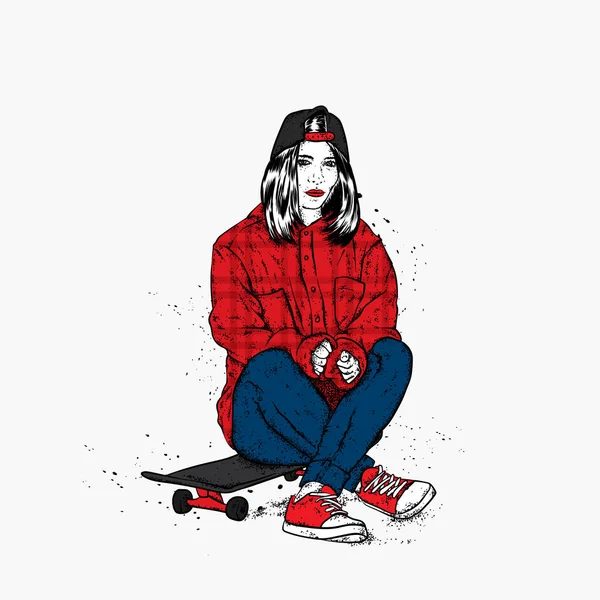Kot pantolon ve spor ayakkabı giyen şık bir patenci. Kaykay mı? Bir kartpostal ya da poster için vektör çizimi, giysiler için baskı. Sokak kültürleri.