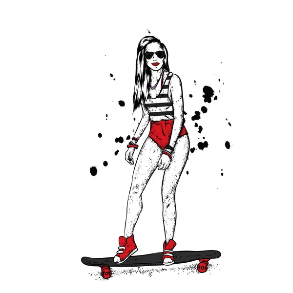 Jolies Filles Hauts Shorts Tiennent Sur Skateboard Illustration Vectorielle Pour — Image vectorielle