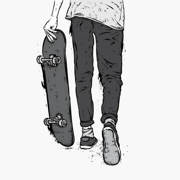 Kot pantolon ve spor ayakkabı giyen şık bir patenci. Kaykay mı? Bir kartpostal ya da poster için vektör çizimi, giysiler için baskı. Sokak kültürleri.