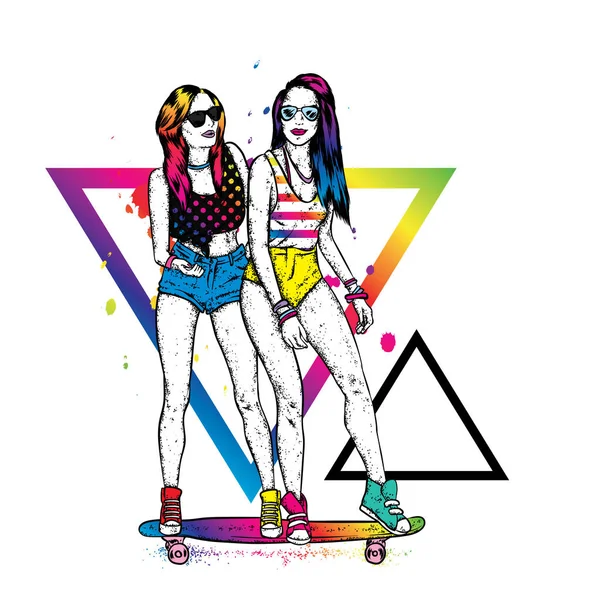 Pretty Girls Tops Shorts Stand Skateboard Vector Illustration Postcard Poster — Stock Vector