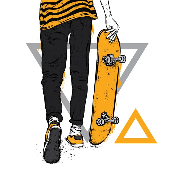 Kot pantolon ve spor ayakkabı giyen şık bir patenci. Kaykay mı? Bir kartpostal ya da poster için vektör çizimi, giysiler için baskı. Sokak kültürleri.