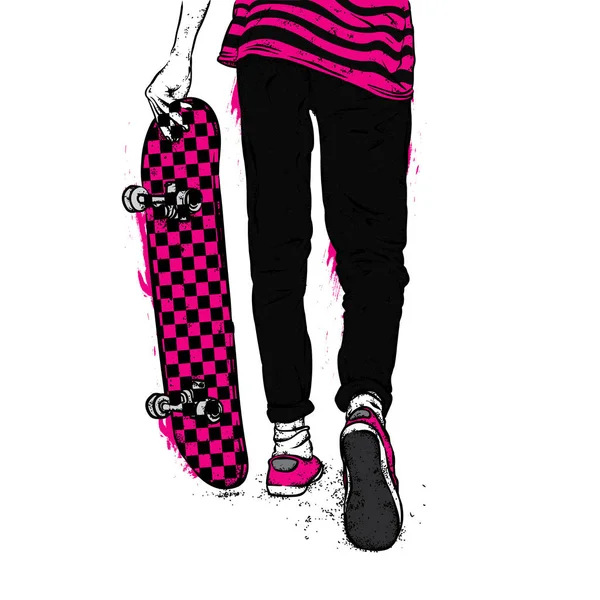 穿着牛仔裤和运动鞋的时髦滑雪者 明信片或海报的矢量插图 服装的印刷品 街头文化 — 图库矢量图片