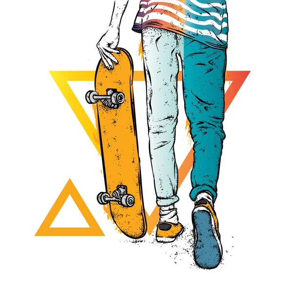 Kot pantolon ve spor ayakkabı giyen şık bir patenci. Kaykay mı? Bir kartpostal ya da poster için vektör çizimi, giysiler için baskı. Sokak kültürleri.