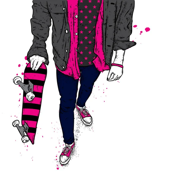 Kot pantolon ve spor ayakkabı giyen şık bir patenci. Kaykay mı? Bir kartpostal ya da poster için vektör çizimi, giysiler için baskı. Sokak kültürleri.
