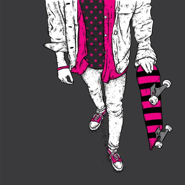 Kot pantolon ve spor ayakkabı giyen şık bir patenci. Kaykay mı? Bir kartpostal ya da poster için vektör çizimi, giysiler için baskı. Sokak kültürleri.