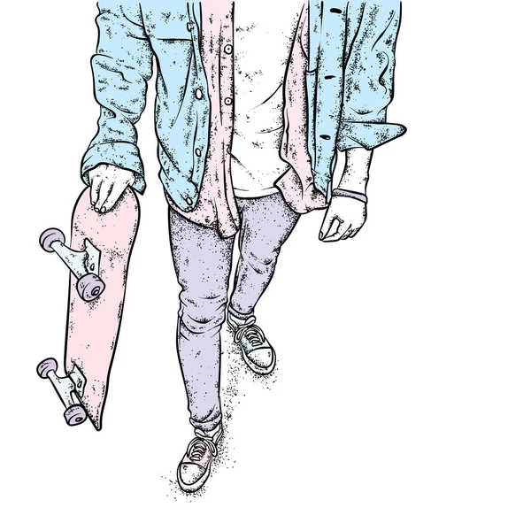 Kot pantolon ve spor ayakkabı giyen şık bir patenci. Kaykay mı? Bir kartpostal ya da poster için vektör çizimi, giysiler için baskı. Sokak kültürleri.