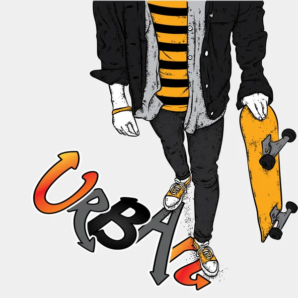 Kot pantolon ve spor ayakkabı giyen şık bir patenci. Kaykay mı? Bir kartpostal ya da poster için vektör çizimi, giysiler için baskı. Sokak kültürleri.