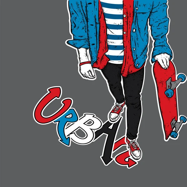 Kot pantolon ve spor ayakkabı giyen şık bir patenci. Kaykay mı? Bir kartpostal ya da poster için vektör çizimi, giysiler için baskı. Sokak kültürleri.