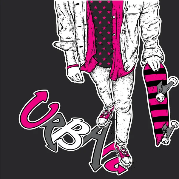 Kot pantolon ve spor ayakkabı giyen şık bir patenci. Kaykay mı? Bir kartpostal ya da poster için vektör çizimi, giysiler için baskı. Sokak kültürleri.