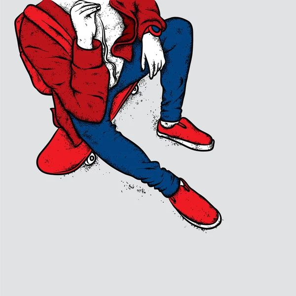 Kot pantolon ve spor ayakkabı giyen şık bir patenci. Kaykay mı? Bir kartpostal ya da poster için vektör çizimi, giysiler için baskı. Sokak kültürleri.