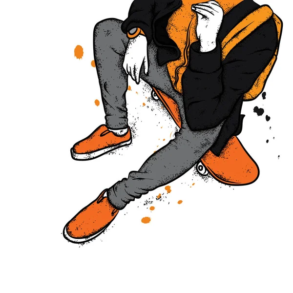 Kot pantolon ve spor ayakkabı giyen şık bir patenci. Kaykay mı? Bir kartpostal ya da poster için vektör çizimi, giysiler için baskı. Sokak kültürleri.