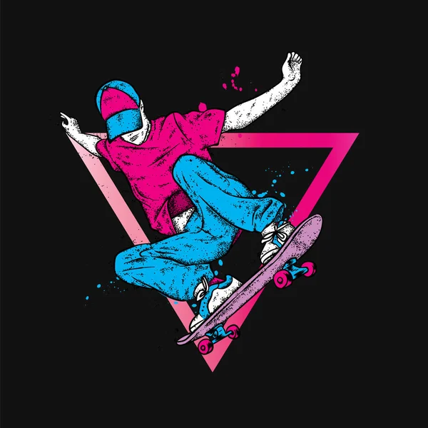 Elegante patinador en jeans y zapatillas deportivas. Patineta. Ilustración vectorial para una postal o un póster, impresión para ropa. Culturas callejeras. — Vector de stock