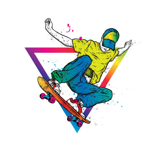 Stylish skater in jeans and sneakers. Skateboard. Vector illustration for a postcard or a poster, print for clothes. Street cultures. — Stock Vector